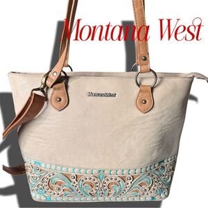 Montana West Tan and Turquoise Embroidered Tote